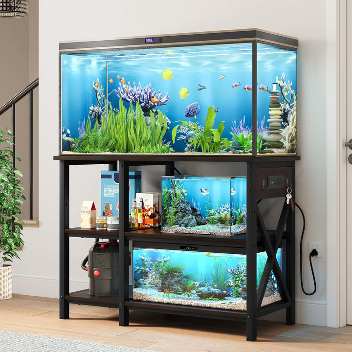 40-50 Gallon Fish Tank Stand with Power Outlet, 40X18 Inch Metal Aquarium Stand with 3-Tier Adjustable Storage Shelves and Hooks, 700LBS Capacity, Black