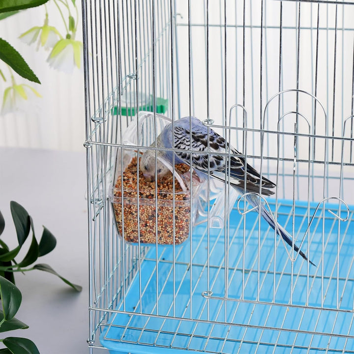 2 Pack Clear Water Bowl and Food Container - Bird Cage Feeder with Perch for Parakeets - No Mess Design