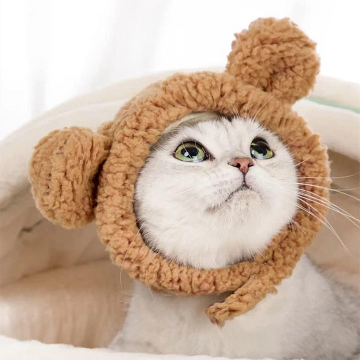 Cute Cat Costume Warm Bear Hat Adjustable Soft Small Pet Headwear for Puppy Dog (Brown)