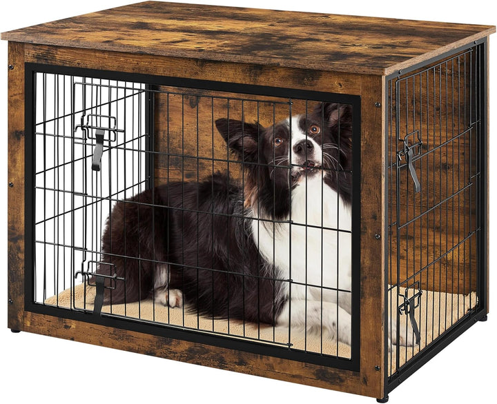 27.5'' Dog Crate Furniture with Cushion Wooden Dog Crate with Double Doors/Adjustable Feet Side End Table for Small/Medium Dogs, 27.5" L X 20" W X 24" H