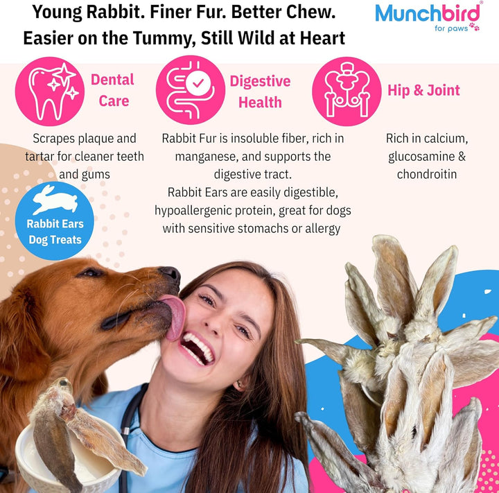 Dehydrated Rabbit Ears 100G (3.5 Oz) 12-15 Pcs for Dogs, European Furry Rabbit Ear Natural Fiber for Pets, Rawhide Free Alternative to Pig Ears Dog Treats, Ear Size Varies