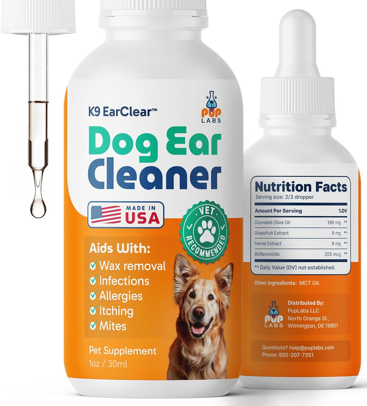 Ear Clear, Natural Dog Ear Cleaner and Infection Treatment for Dogs, Dog Drops for Itching, Irritation, & Wax Build-Up, 1 Oz Bottle with Dropper