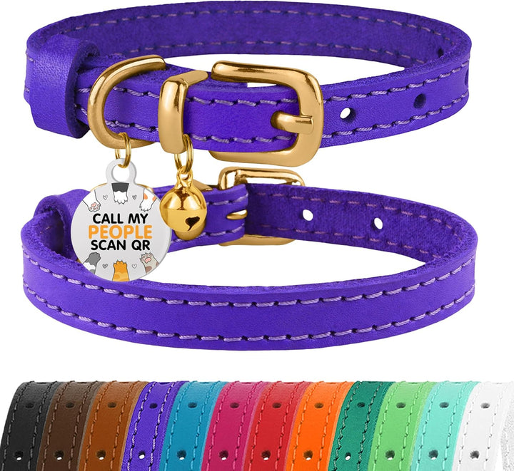 Leather Cat Collar with Removable Bells Non Breakaway Kitten QR Tag for Girl Boy (7" - 9" for Cats, Black & Gold)