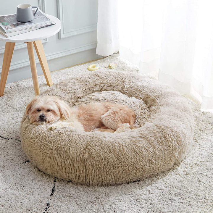 Calming Soft round Dog & Cat Bed, Anti-Anxiety Donut Cuddler Warming Cozy Fluffy Faux Fur Plush Cushion Bed for Small Medium Dogs and Cats (20"/24"/27"/30"), Light Grey