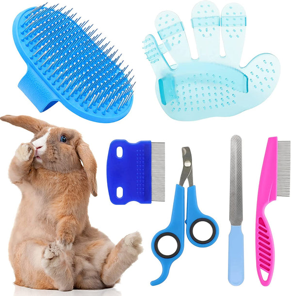 Rabbit Grooming Kit, Rabbit Brush for Shedding with Bunny Nail Clipper, Rabbit Nail Trimmers with Pet Combs for Hamster Guinea Pig Ferret by (6 Pack)
