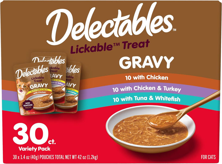 New! Delectables Lickable Treat Gravy Variety Wet Cat Treat & Food Topper, Food Topper, Hydrating, Grain-Free, No Fillers, No By-Products, No Added Preservatives, 1.4Oz Pouch, 30 Pack