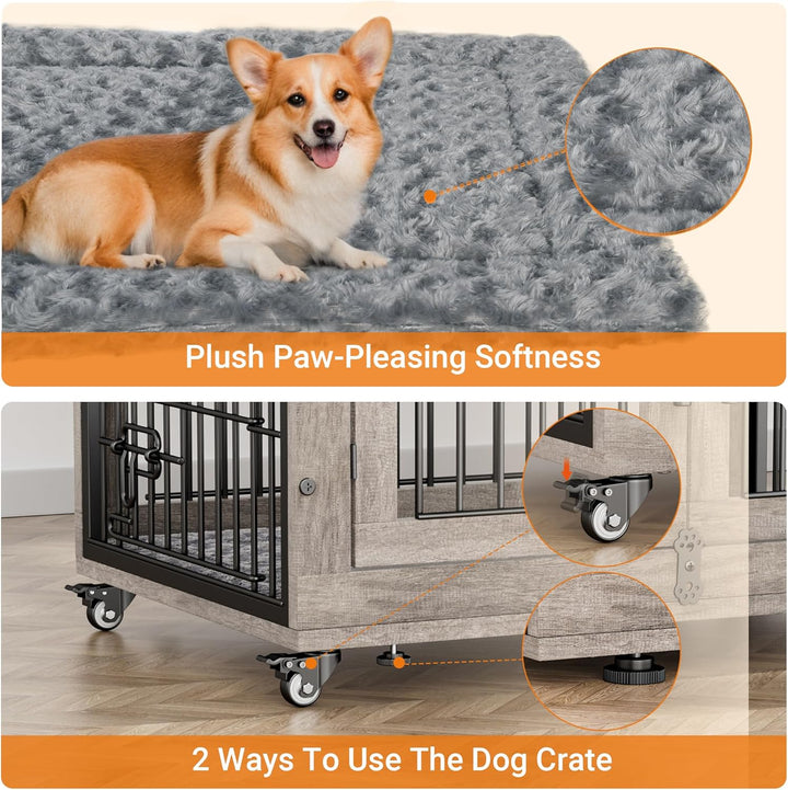 Dog Crate Furniture for Medium Dogs, 32'' Dog Kennel Indoor with Cushion & Wheels Wooden Dog Cage Double Doors Dog Crate End Table, Grey