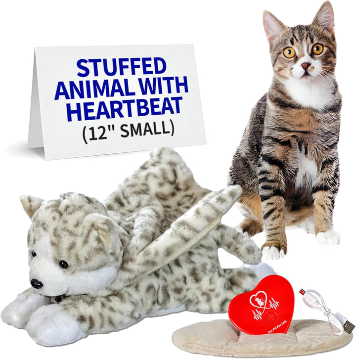 Stuffed Animal for Cats - Calming Sleep Aid with USB Rechargeable Heart Beat & Heat Pack for Anxiety Relief - Huggable Kitty Soother, Original Cuddle Plush Toy for Crate Training