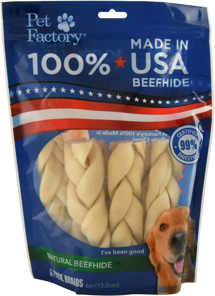 100% Made in USA Beefhide 7" Braided Sticks Dog Chew Treats - Peanut Butter Flavor, 6 Count/1 Pack