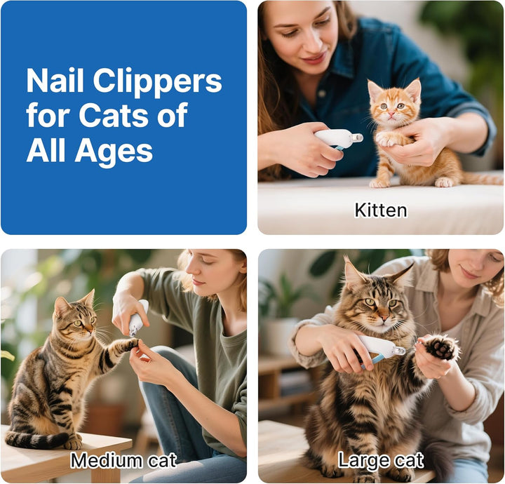 Cat Nail Clipper with Adjustable 3-Size Trimming Hole & Hidden Nail File | Safe Toenail Trimmer for Kittens & Indoor Cats | Anti-Splash Claw Cutter for Grooming (Blue)