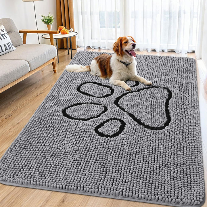 Dog Door Mat for Muddy Paws, Absorbent Dirt Trapper Non Slip Quick Dry Washable Chenille Mat for Mud Dogs, Entry Rug for Indoor and Outdoor (30X20 Inches, Grey)