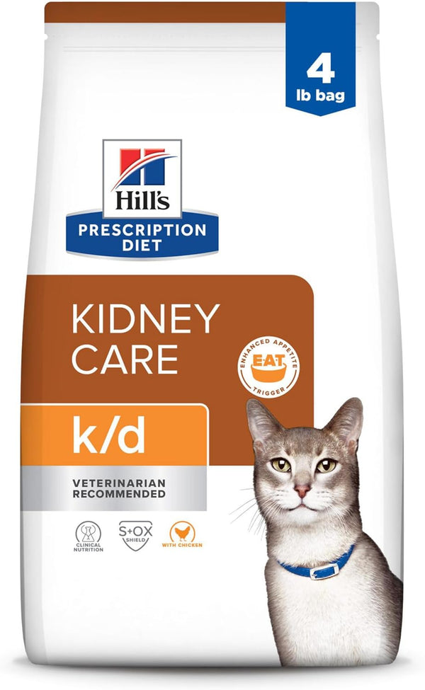 K/D Kidney Care with Chicken Dry Cat Food+, Veterinary Diet, 4 Lb. Bag