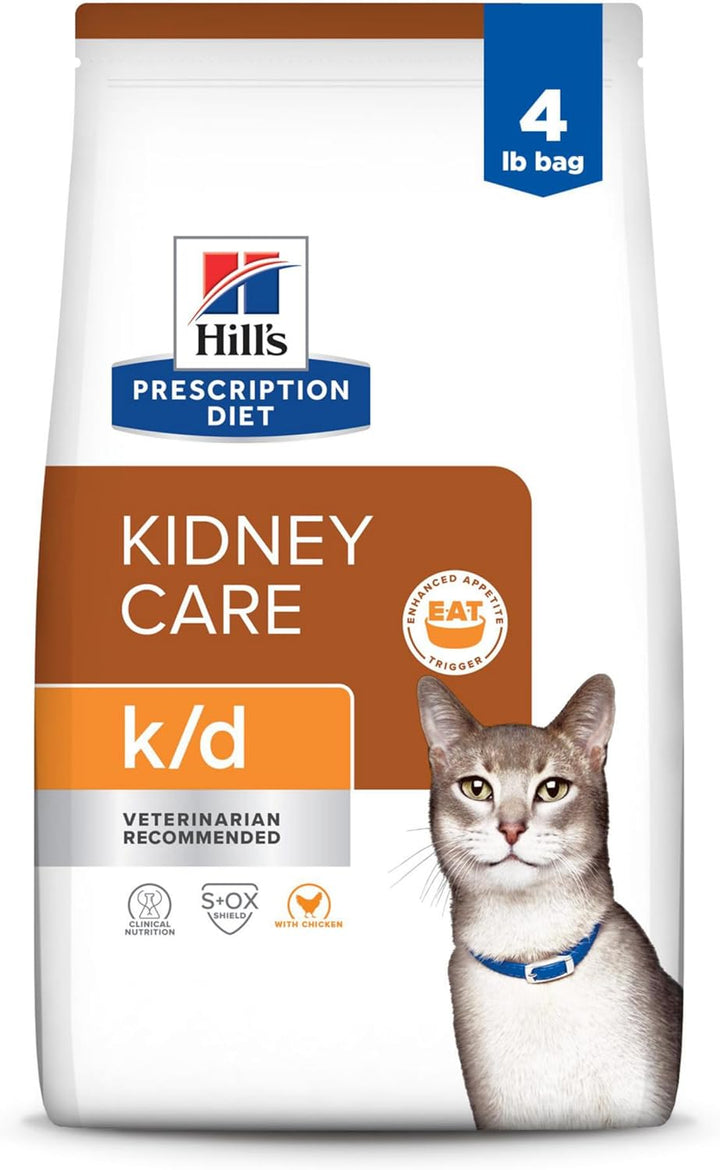 K/D Kidney Care with Chicken Dry Cat Food+, Veterinary Diet, 4 Lb. Bag