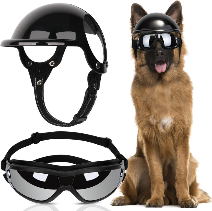 Dog Helmet and Goggles - UV Protection Doggy Sunglasses Dog Glasses Pet Motorcycle Helmet Hat with Ear Holes Adjustable Belt Safety Hat for Small Medium Large Dogs Puppy Riding (Black, S)