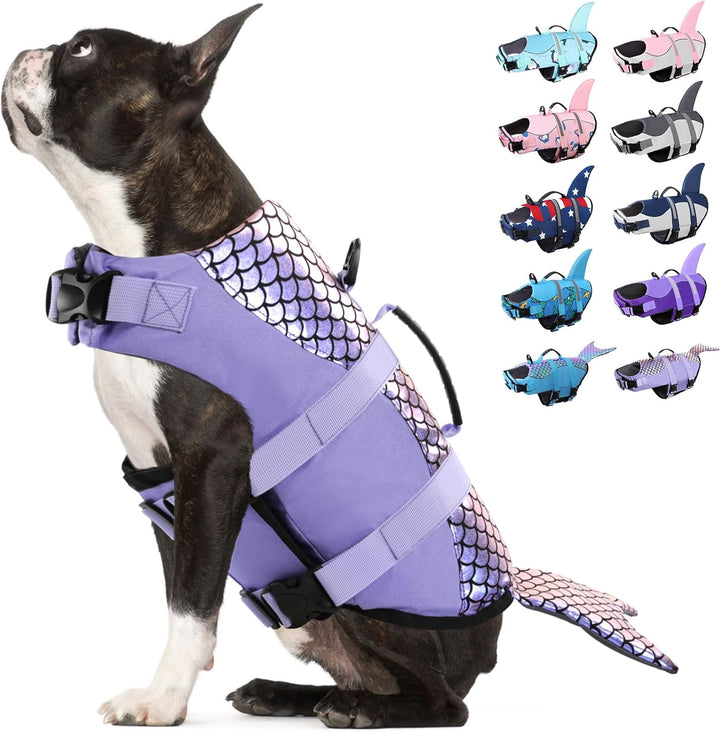 Dog Life Jacket - Shark Life Vest for Swimming Boating - Reflective Lifejacket Swimsuit for Small Medium Large Dogs - High Buoyancy Lifesaver Preserver with Rescue Handle, Grey Shark M