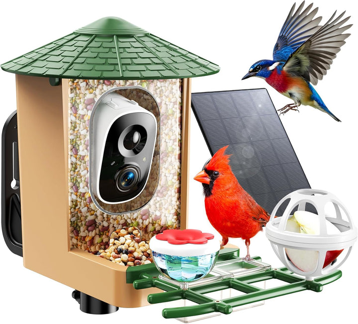 Smart Bird Feeder with Camera with AI Identify Birds Species & Solar Panel, Wifi Birdfeeder with Cam, 2K Live View, Chew-Proof & Waterproof Design, Real-Time App Alerts, Gift for Bird Lovers, Green