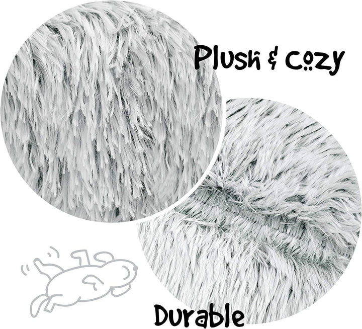 Donut Dog Bed Faux Fur Fluffy Calming Sofa for Medium Dogs, Soft & Plush anti Anxiety Pet Couch for Dogs, Machine Washable Coco Pet Bed with Non-Slip Bottom, 30"X30"X7" Ivory
