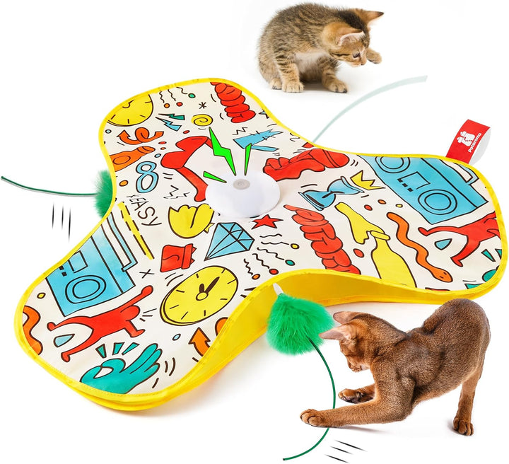 Hide and Seek Interactive Cat Toys, Moving Concealed Wand Feather, Automatic Chargeable Indoor Kitten Exercise Kicker, Mouse Squeaky, Floral Cover