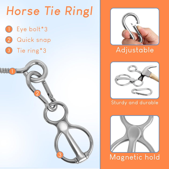 Horse Tie Ring, Upgraded 4 Sets Horse Tack and Supplies, 304 Stainless Steel Safe Horse Accessories Training Equipment with Eye Bolt and Snaps Saddle