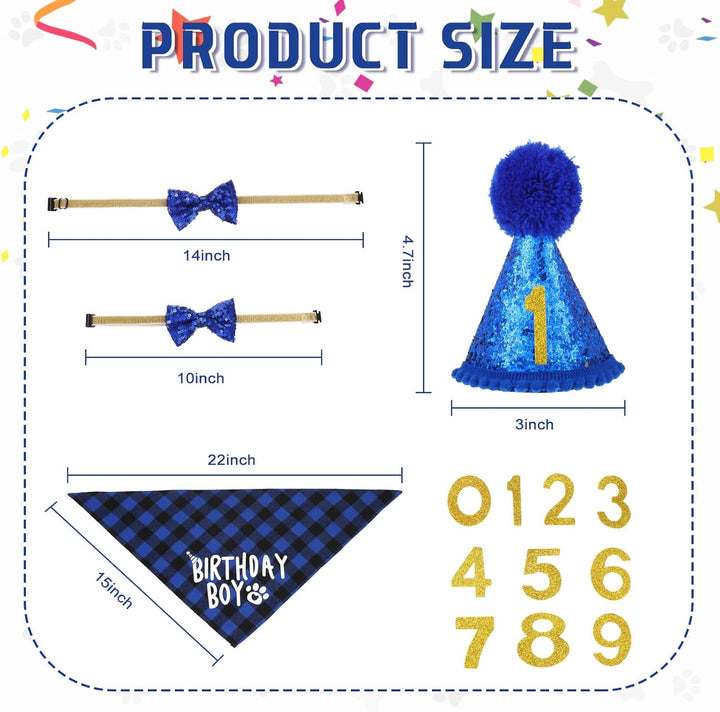 Dog Birthday Party Supplies Birthday Boy Girl Cake Bandana Triangle Scarf Party Hat Dog Bow Tie Collar with Numbers for Large Medium Small Dog Puppy 1St Birthday(Elegant Style,Medium)