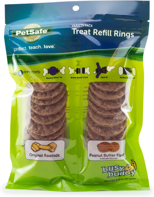 Busy Buddy Rawhide Treat Rings Variety Pack - Long-Lasting Chew Refills - Peanut Butter & Original Rawhide Flavors - Delicious Dog Treat - Size B - 24 Count