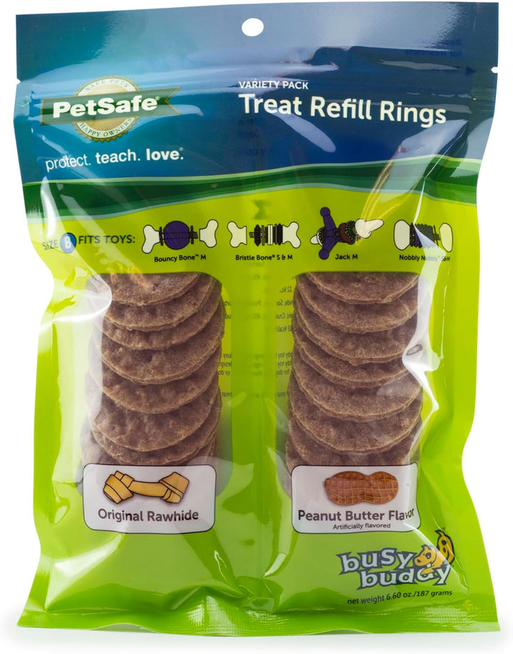 Busy Buddy Rawhide Treat Rings Variety Pack - Long-Lasting Chew Refills - Peanut Butter & Original Rawhide Flavors - Delicious Dog Treat - Size B - 24 Count