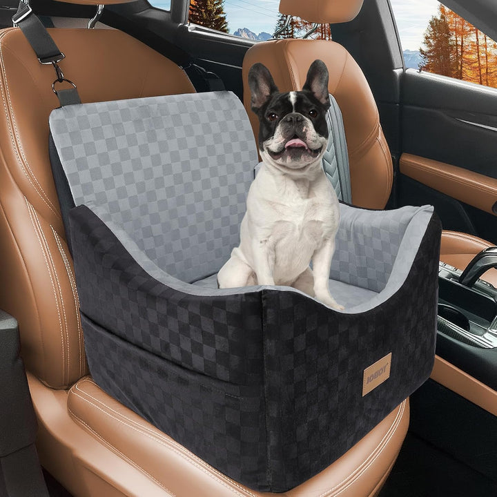 Elevated Dog Car Seat for Small/Medium Dogs up to 35 Lbs, Memory Foam Pet Booster Seat with Detachable Washable Cover, Portable Travel-Safe Bed for Cars with Safety Belts and Storage Pockets