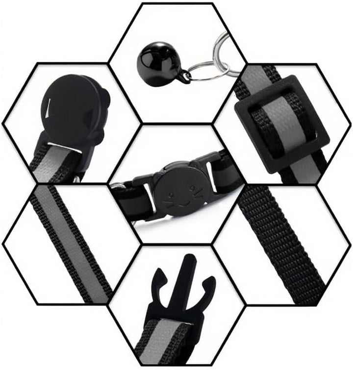 2 Pack Breakaway Cat Collars with Bells, Reflective Design and Claw Print Design, Safety Buckle Kitten Collars Adjustable from 7.5 to 12.5 Inches (Black)