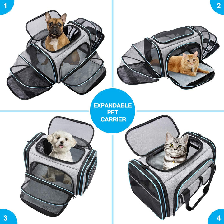 Airline Approved Pet Carrier, Large Soft Sided Pet Travel TSA Carrier 4 Sides Expandable Cat Collapsible Carriers with Removable Fleece Pad and Pockets for Cats Dogs and Small Animals