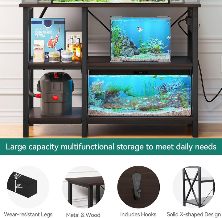 40-50 Gallon Fish Tank Stand with Power Outlet, 40X18 Inch Metal Aquarium Stand with 3-Tier Adjustable Storage Shelves and Hooks, 700LBS Capacity, Black
