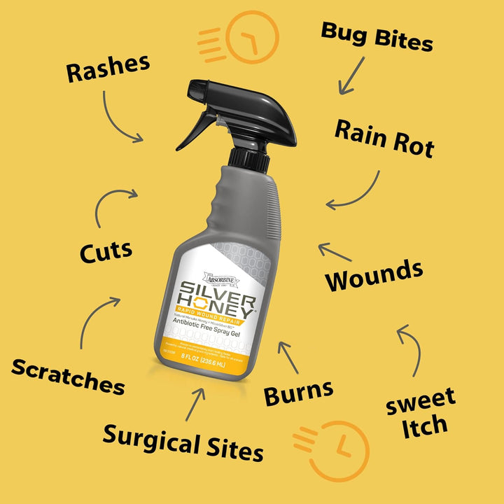 Silver Honey Rapid Wound Repair Spray Gel 8Oz Bottle, Manuka Honey & Microsilver BG, Horse & Large Animal Wound Care