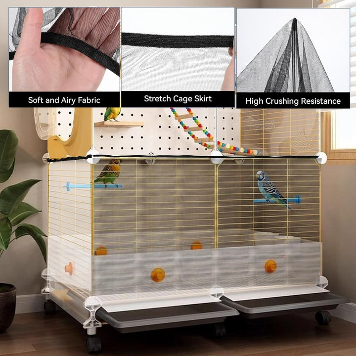 2Pcs Universal Bird Cage Seed Catcher, Adjustable Bird Cage Netting Seed Catcher, Large Stretchy Bird Cage Cover Skirt, Soft Airy Cage Net Stretchy Skirt for round Square Cages (Black)