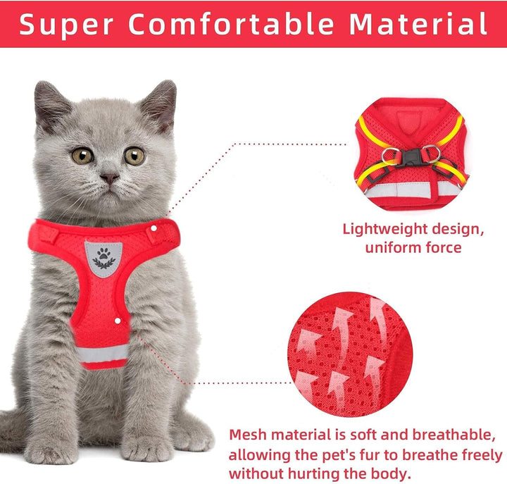 Cat Vest Harness and Small Dog Vest Harness for Walking, All Weather Mesh Harness, Cat Vest Harness with Reflective Strap, Step in Adjustable Harness for Small Cats (Red, XS)