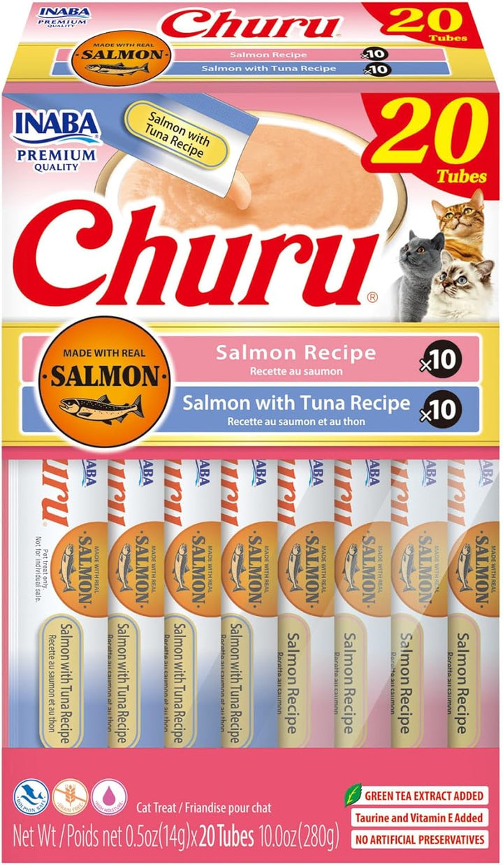 Salmon Churu Cat Treats, Lickable, Squeezable Creamy Purée Cat Treat with Green Tea Extract & Taurine, 0.5 Ounces Each Tube, 40 Tubes, Salmon Variety Box