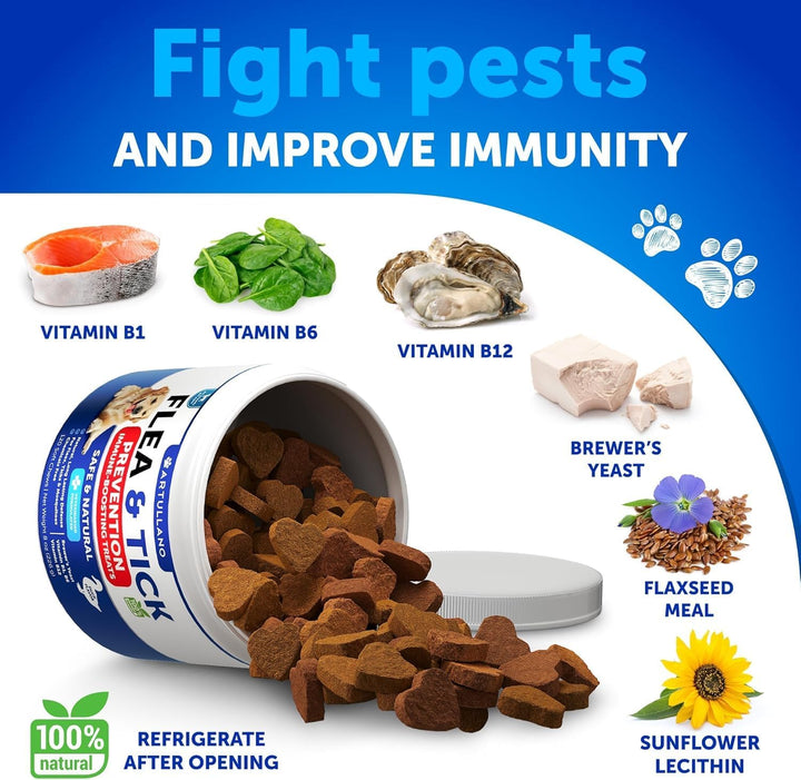 Flea and Tick Prevention for Dogs Chewables - Natural Flea Treatment Control - Supplement for Large & Small Dogs with Vitamins - Immune Support Chews - Puppy Pest Defense Oral Pills - 120 Soft Treats