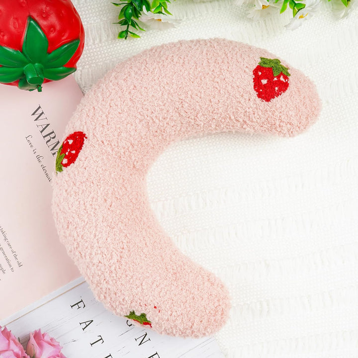 Cat Calming Pillow for Indoor Pets - Soft Fluffy Cat & Dog Bed - Anxiety Relief with Cute Embroidery Pattern (Pink, Strawberry)