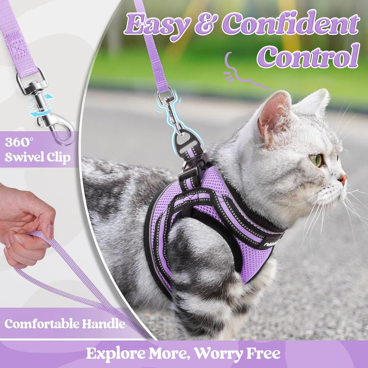 Cat Harness and Leash Set for Walking Escape Proof, Adjustable Soft Kittens Vest with Reflective Strip for Cats, Comfortable Outdoor Vest, Light Purple, S
