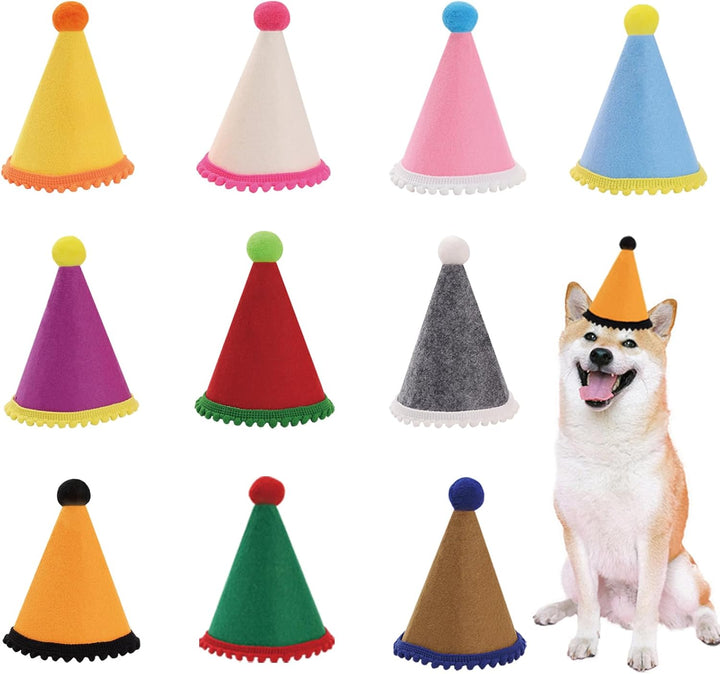 Dog Birthday Hat Set for Small Medium Dogs Cat Puppies, Mini Party Hat with Adjustable Headbands, Cute Pet Hat with Pompons for Birthday Christmas Party Decoration Accessories (Small 3 Inch 10Pcs)