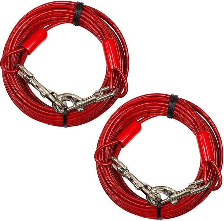 Dog Tie Out Cable 30 Feet - Heavy Duty Dog Lead up to 125 Pounds - Reflective & Rust-Free with Quick Release Swivel Clips & 360° Rotating Clasp - Tangle-Free Dogs Runner for Yard (Red, Single)