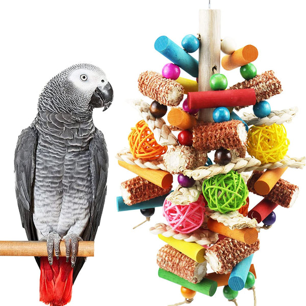 Bird Toys, Parrot Toys for Large Birds, Natural Peppered Wood African Grey Parrots, Macaws, Cockatoos, Amazon Parrot Chew Toys, Aviary Hanging Toys