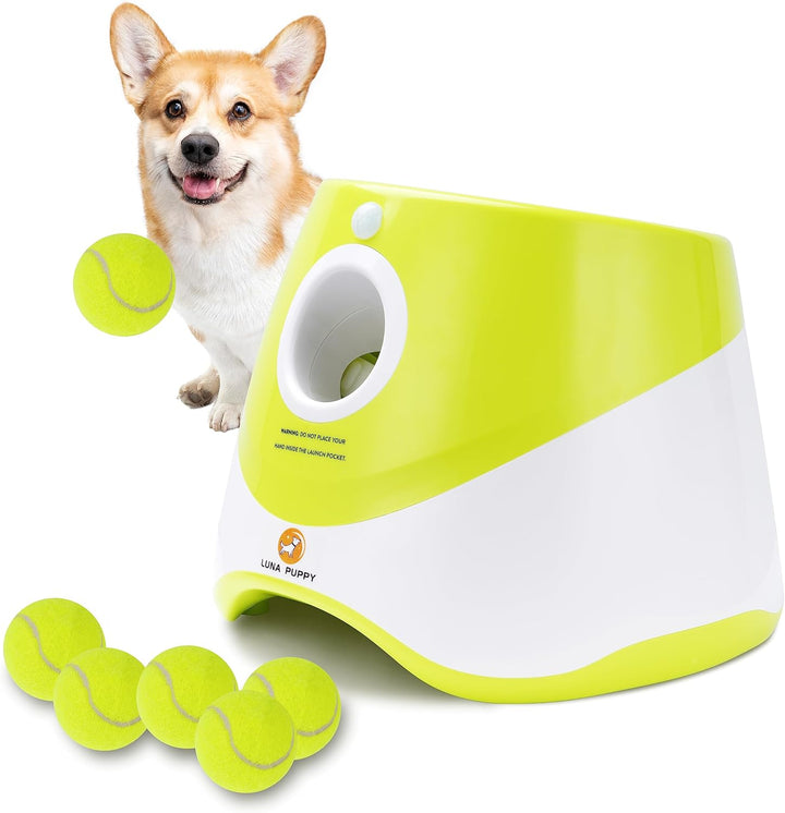 Dog Ball Thrower Launcher, Indoor/Outdoor Automatic Ball Launcher for Small and Medium-Sized Dogs, Includes 6 Mini Tennis Balls and a Data Line, Grey