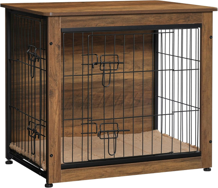 Dog Crate Furniture with Cushion, Wooden Kennel Table with Double Doors, Indoor Dog House, Small/Medium/Large/Extra Large Size, 27.2" L, Rustic Brown