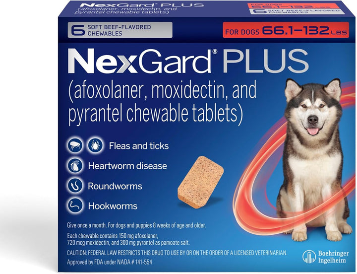 plus (Afoxolaner, Moxidectin, and Pyrantel) Flea and Tick Protection & Heartworm Preventive for Dogs Soft Beef Flavored Chewables, 33.1-66 Lbs. (Purple) 6 Chews (6 Month Supply)