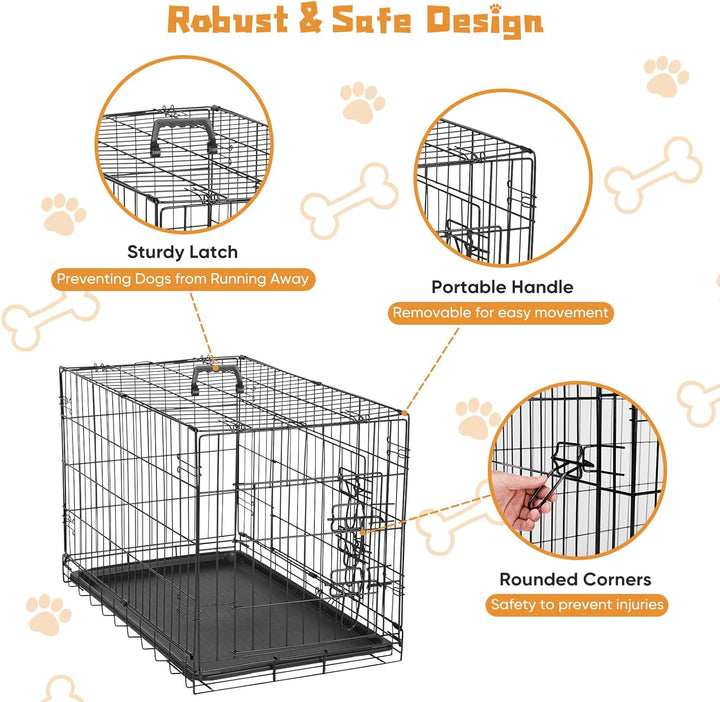 Dog Crate, 36 Inch Medium Double Door Dog Cage with Divider Panel and Plastic Leak-Proof Pan Tray, Folding Metal Wire Pet Kennel for Indoor, Outdoor, Travel
