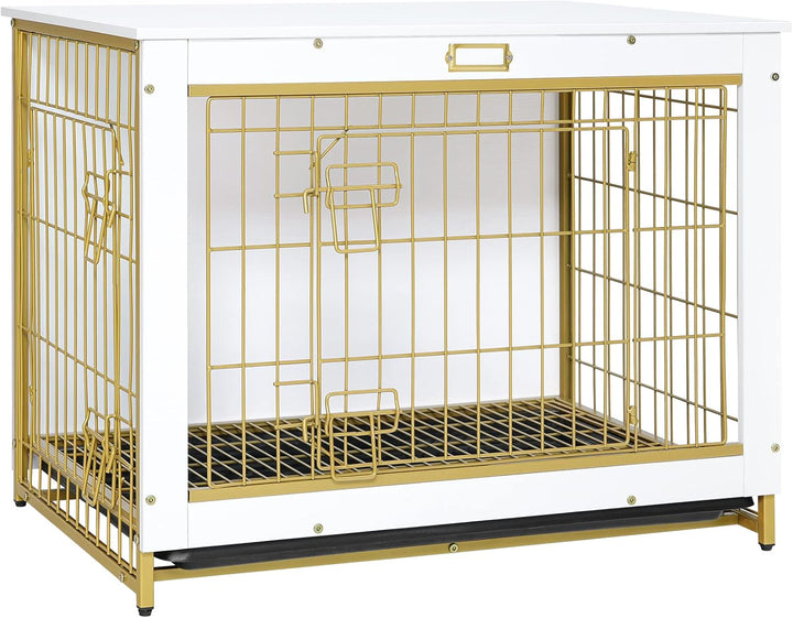 Dog Crate Furniture, 38.6" Large Dog Kennel Indoor, Wooden Cage with Pull-Out Tray, Double Doors Pet House Side End Table for Large/Medium/Small Dogs, Rustic Brown BF982GW03G1