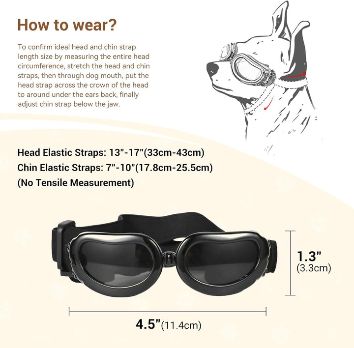 Dog Goggles Small Breed, UV Protection Dog Sunglasses Small Breed, Driving Puppy Eye Protection, Windproof Dustproof Anti-Fog, Breathable, Adjustable Straps, Black