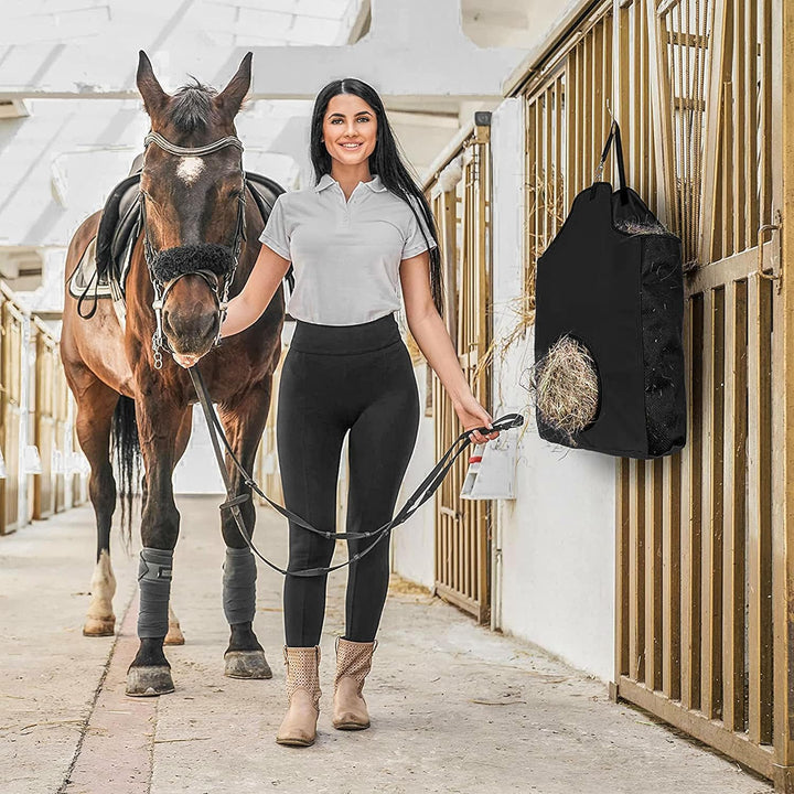 Hay Bag Hanging Goat Feeder Tote Premium Oxford Cloth with Metal Ring and Adjustable Strap for Horses Donkeys Cows Alpacas Ostriches or Other Animals Black