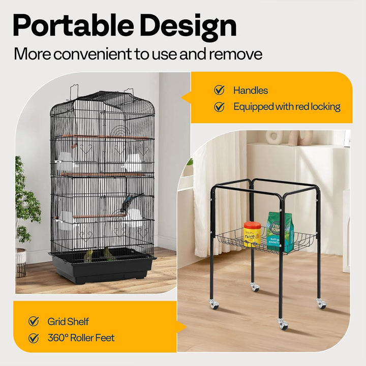 64 Inch Bird Cage with Play Top and Rolling Stand for Parrots Conures Lovebird Cockatiel Parakeets Black