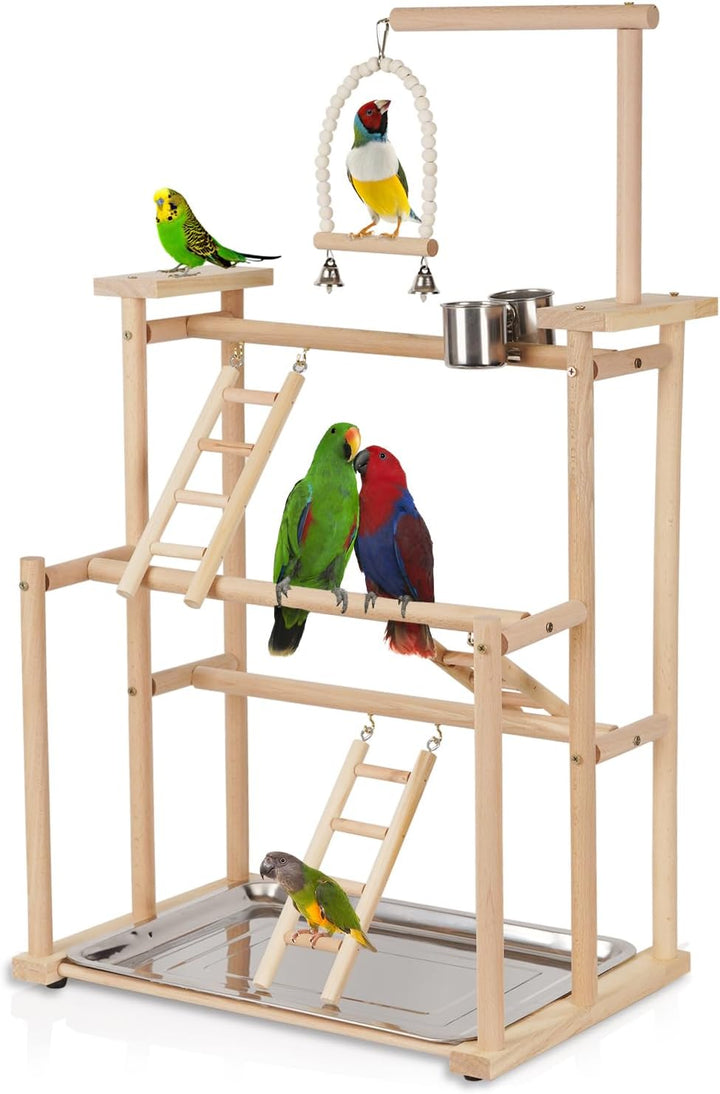 Pet Parrot Playstand Parrots Bird Playground Bird Play Stand Wood Perch Gym Playpen Ladder with Feeder Cups Bells for Cockatiel Parakeet (4 Layers)