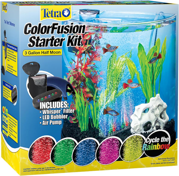 3 Gallon Small Fish Tank, Aquarium Starter Kit, with Filter, Air Pump, & Color Changing Light, Half Moon Shape, for Gold Fish & Betta